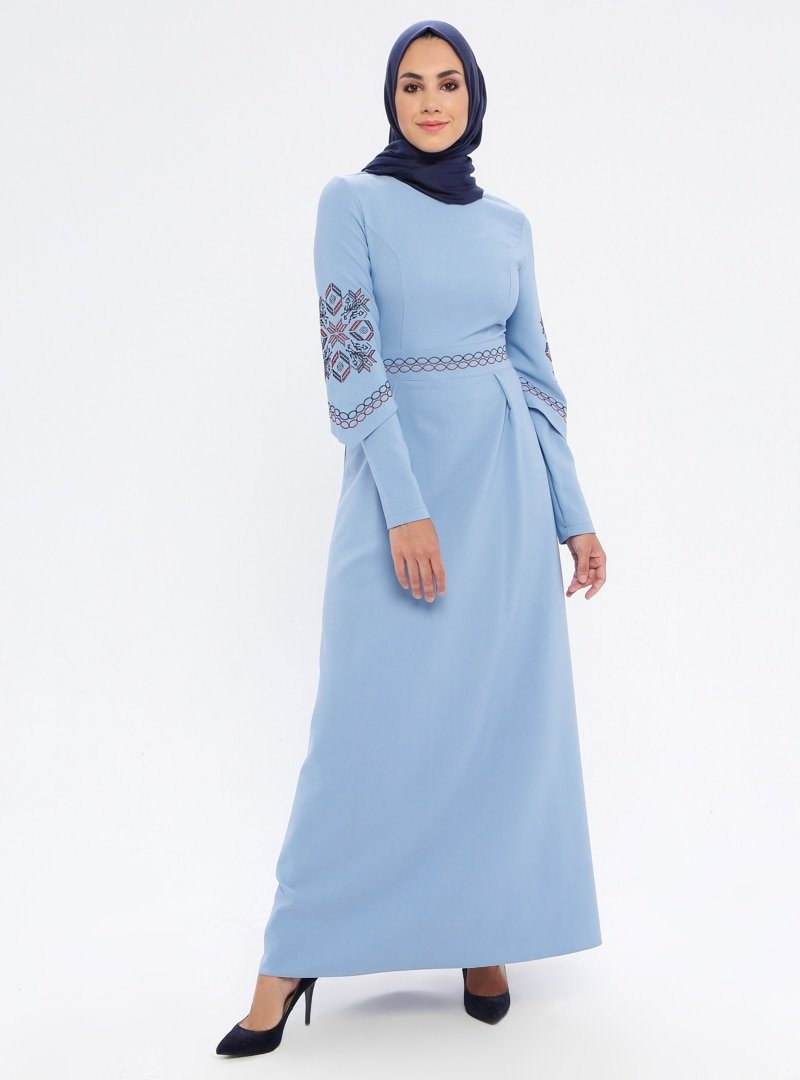 Loreen By Puane Mavi Nakış Detaylı Elbise