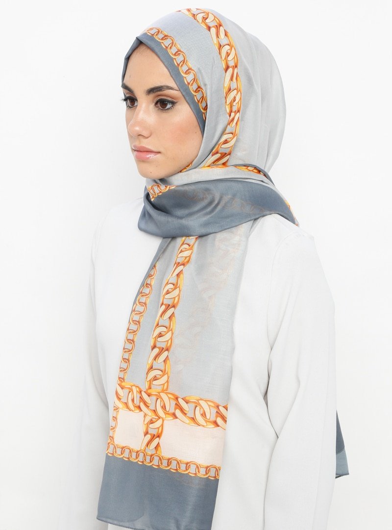 Renkli Butik Eşarp Renkli Butik Desenli Şal Açık Gri