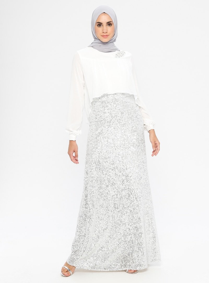 DMN Beyaz Şifon Zara Payet Abiye Elbise