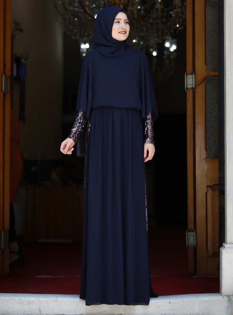 Rana Zenn Lacivert Güneş Abiye Elbise
