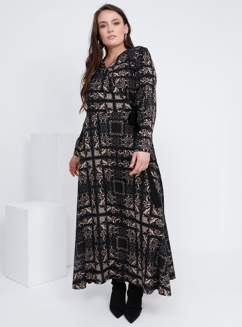 Alia Siyah Doğal Kumaşlı Desenli Elbise