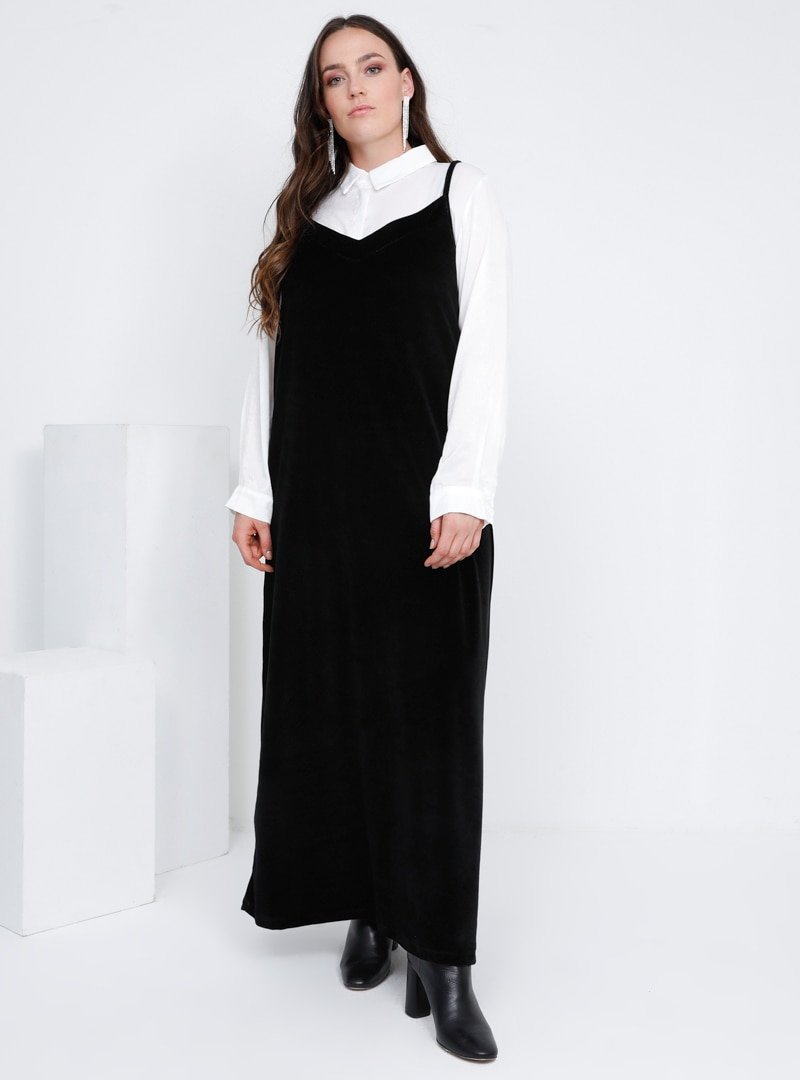 Alia Siyah Askılı Kadife Elbise