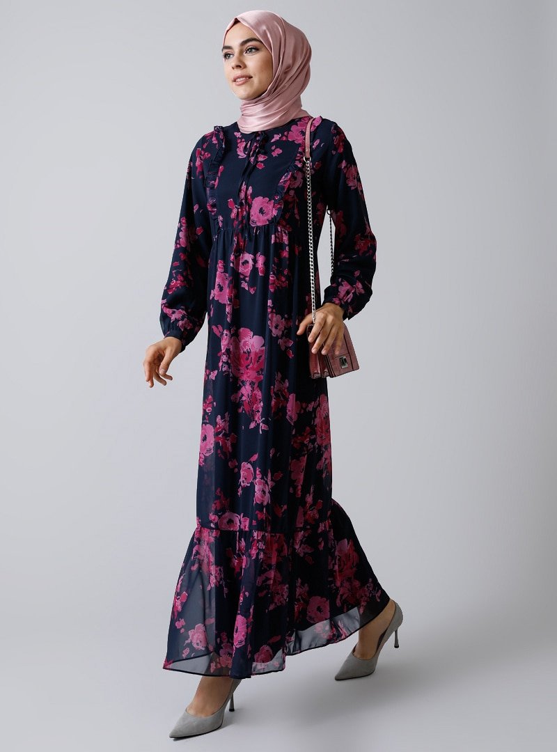 Refka Lacivert Çiçekli Şifon Elbise