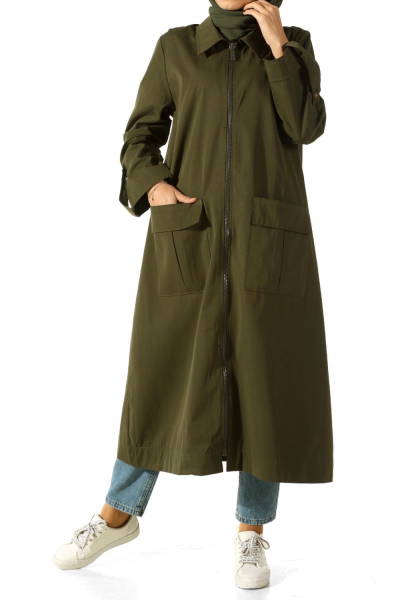 Allday Haki Fermuarlı Cepli Trençkot