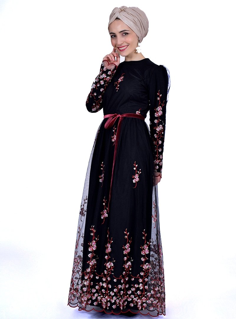 Sew&Design Siyah Bordo Bahar Dalı Nakışlı Tül Abiye Elbise