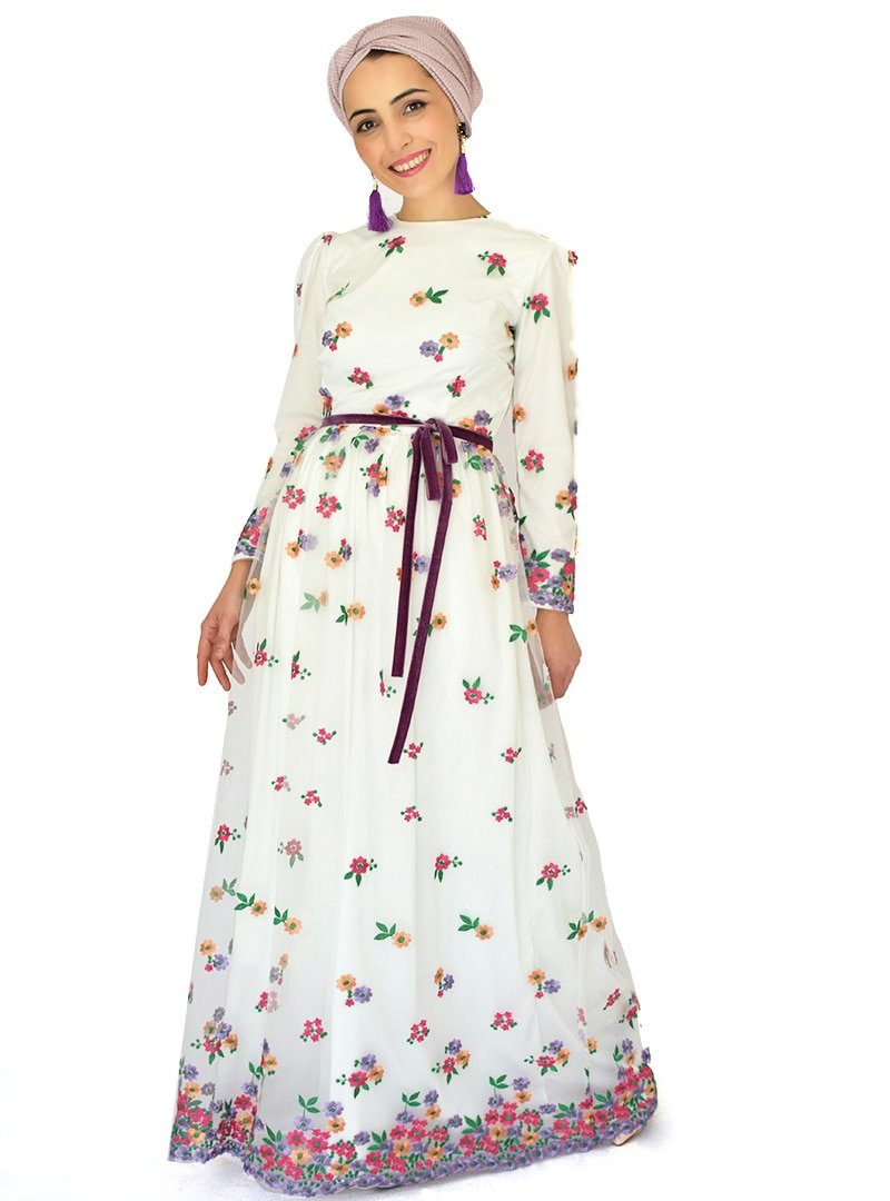 Sew&Design Lila Somon Renkli Nakışlı Tül Elbise