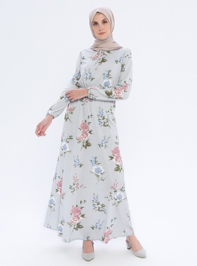 Filiz Fashion Gri Beli Lastikli Çiçekli Elbise