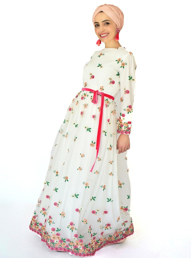 Sew&Design Fuşya Somon Renkli Nakışlı Tül Abiye Elbise
