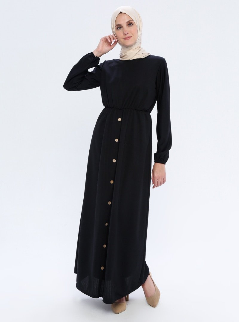 Filiz Fashion Siyah Düğme Detaylı Elbise
