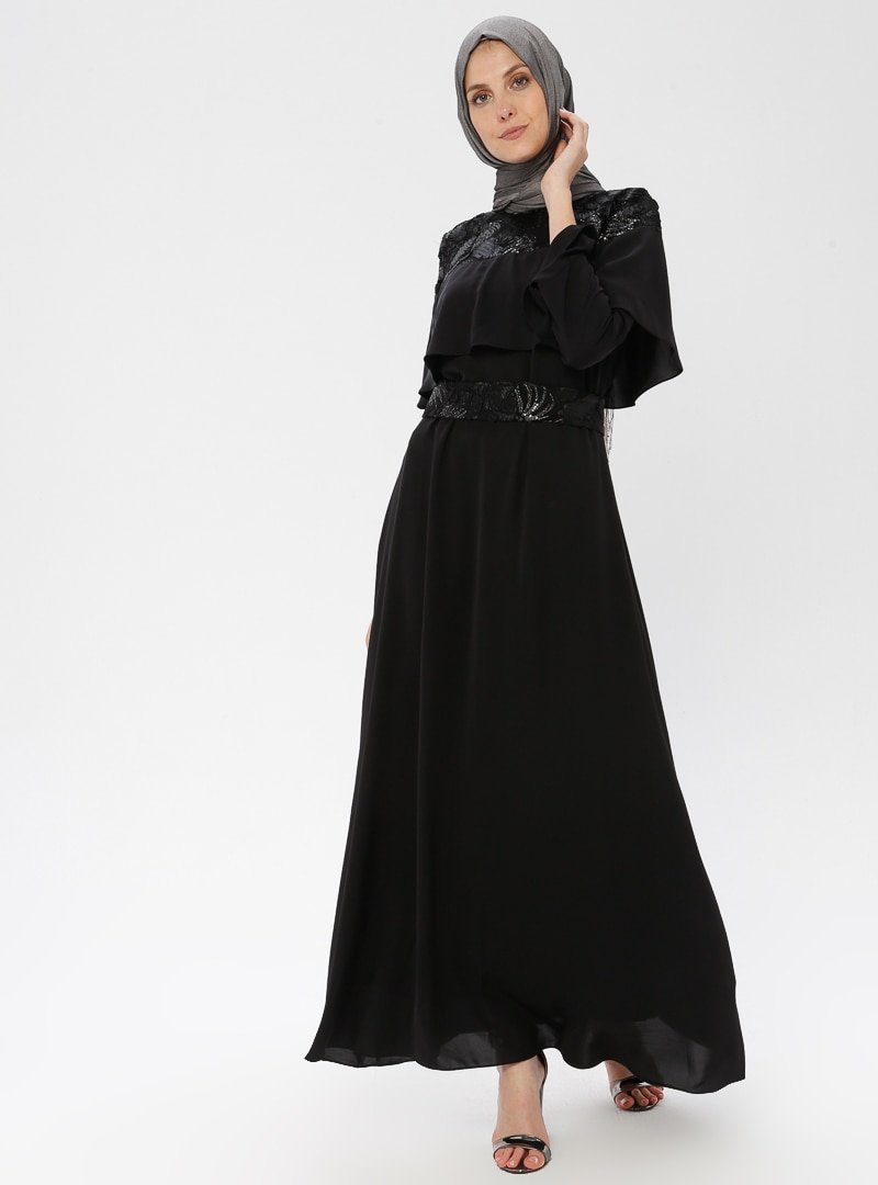 ORHAN GİYİM Siyah Simli Dantel Detaylı Elbise