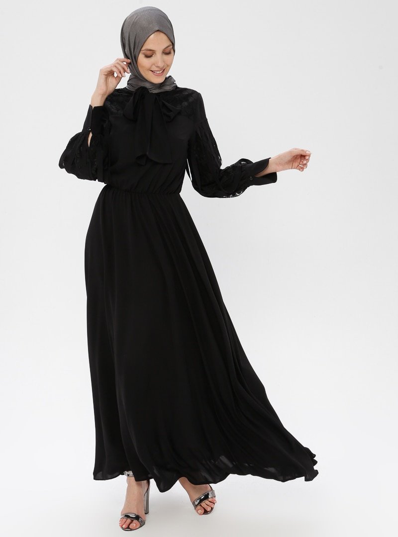 ORHAN GİYİM Siyah Dantel Detaylı Elbise