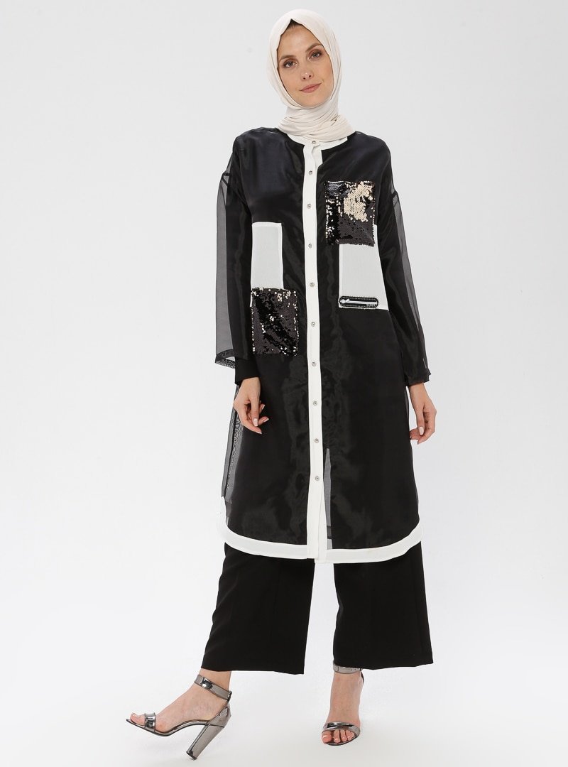 ORHAN GİYİM Siyah Kontrast Renkli Payet Detaylı Bluz
