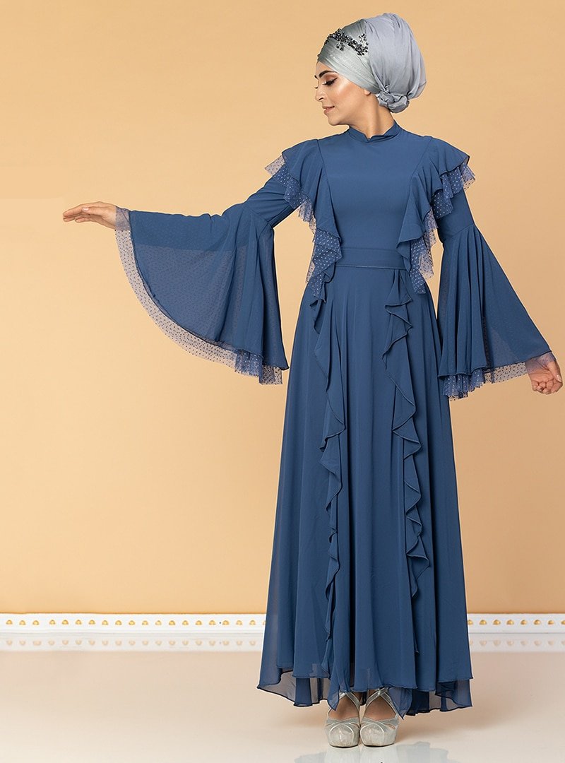Moda Ravza İndigo Fırfırlı Tüllü Abiye Elbise