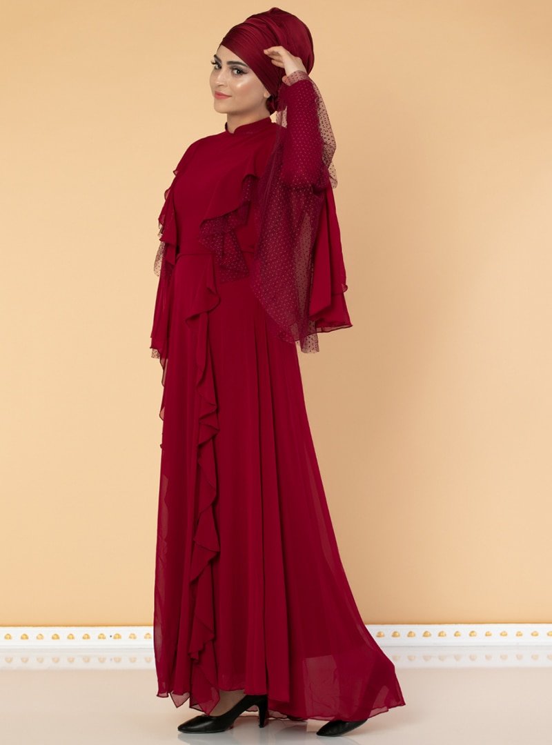 Moda Ravza Bordo Fırfırlı Tüllü Abiye Elbise