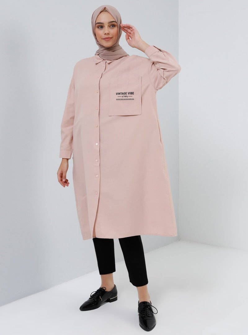 Benin Soft Pembe Cep Detaylı Salaş Tunik