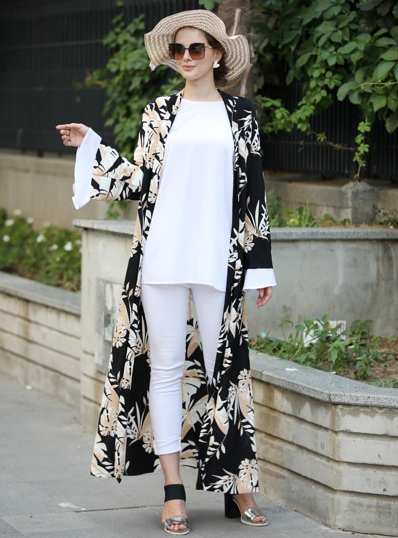 Selma Sarı Design Siyah Taş Rengi Uzun Kimono Ceket