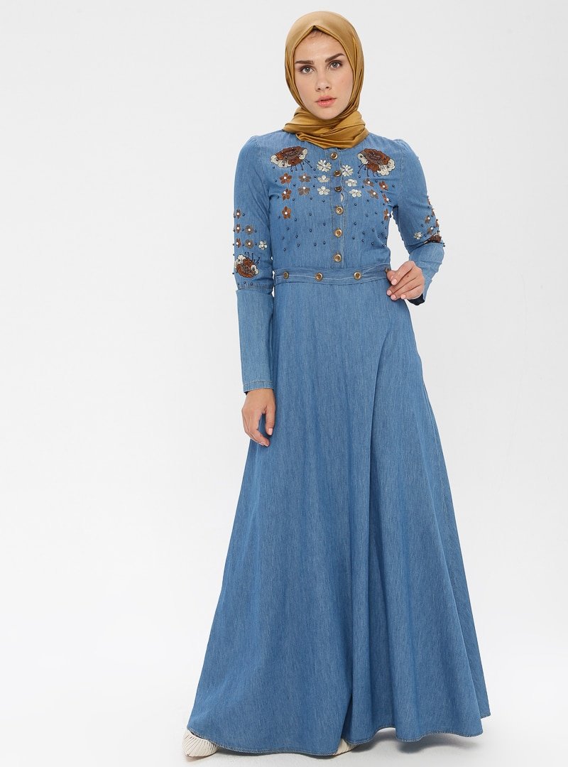 MISSVALLE Mavi Nakışlı Kot Elbise