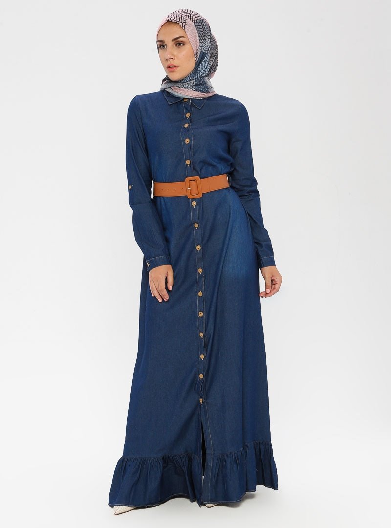 BÜRÜN Lacivert Boydan Düğme Detaylı Kot Elbise