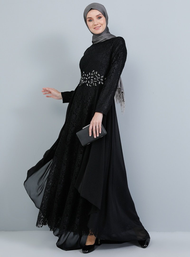 Tavin Siyah Taş Detaylı Dantelli Abiye Elbise