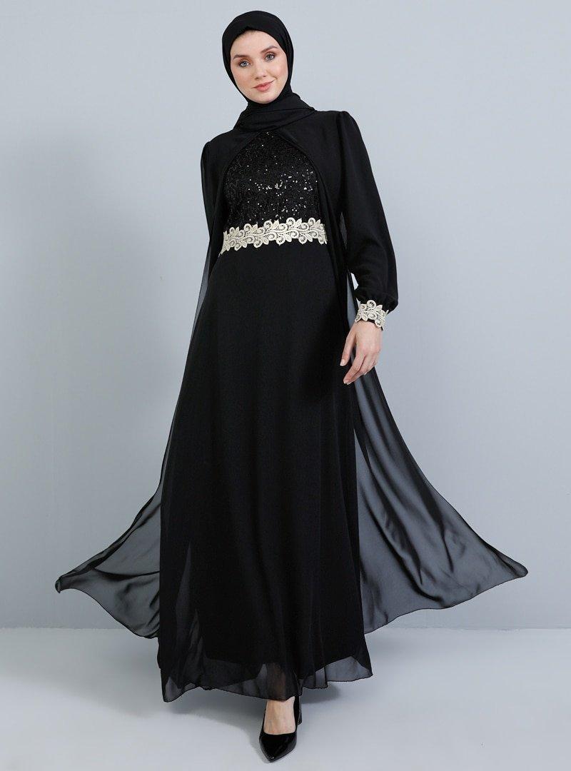 Tavin Siyah Güpür Detaylı Şifon Abiye Elbise