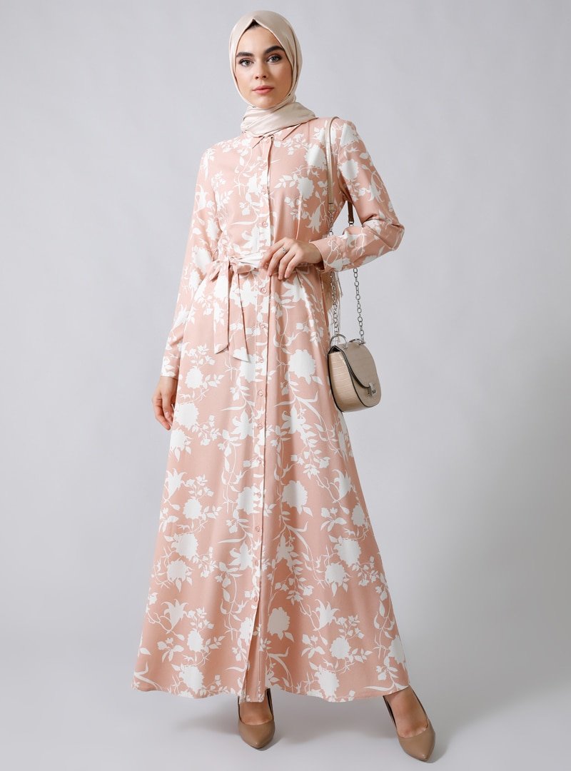 Refka Pudra Çiçek Desenli Doğal Kumaşlı Elbise