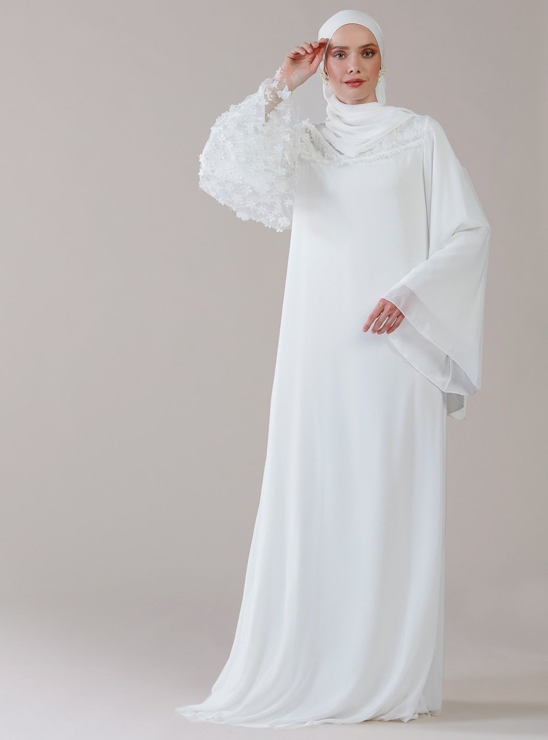 Mwedding Ekru 3 Boyutlu Çiçek Detaylı Şifon Abiye Elbise