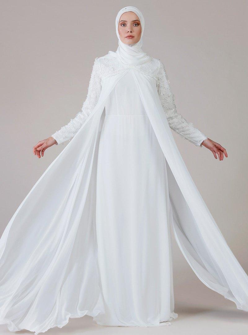 Mwedding Ekru 3 Boyutlu Çiçek Detaylı Şifon Abiye Elbise