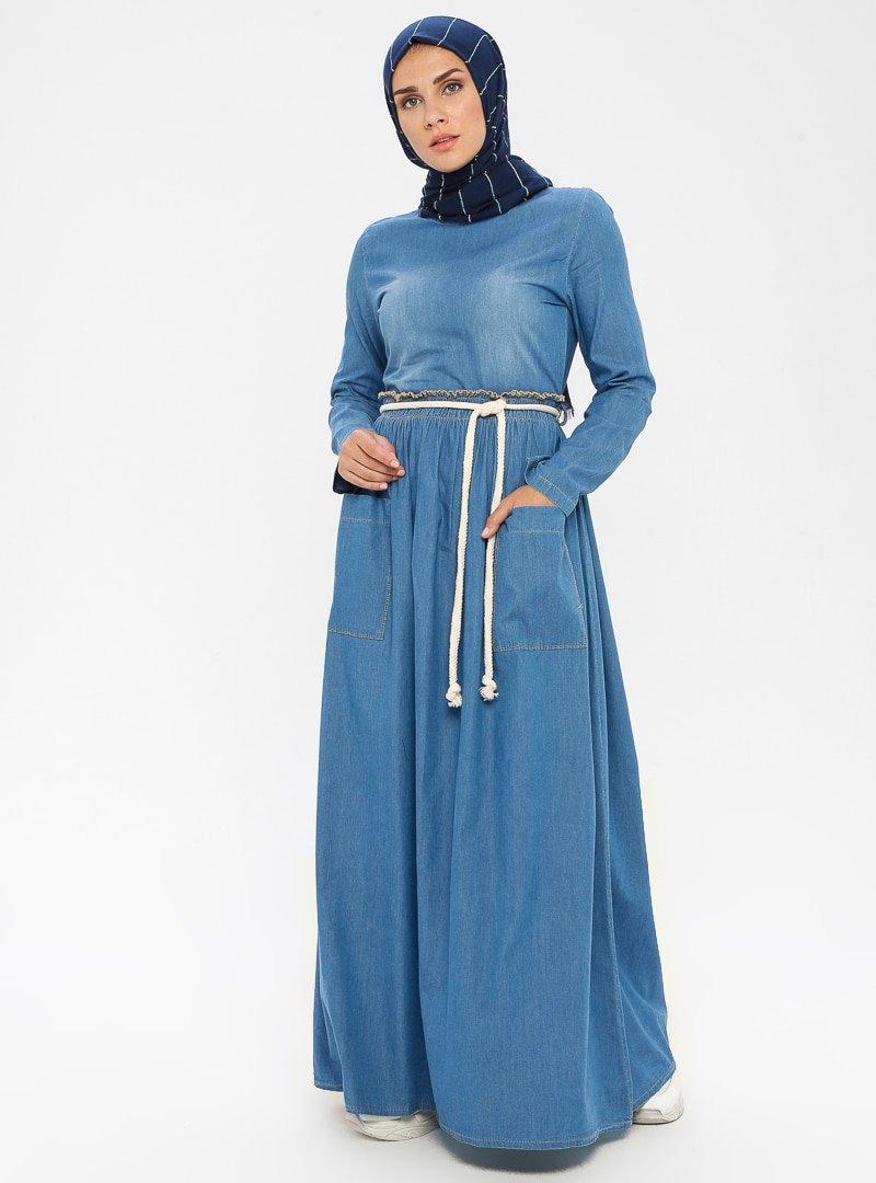 BÜRÜN Mavi Cep Detaylı Kot Elbise