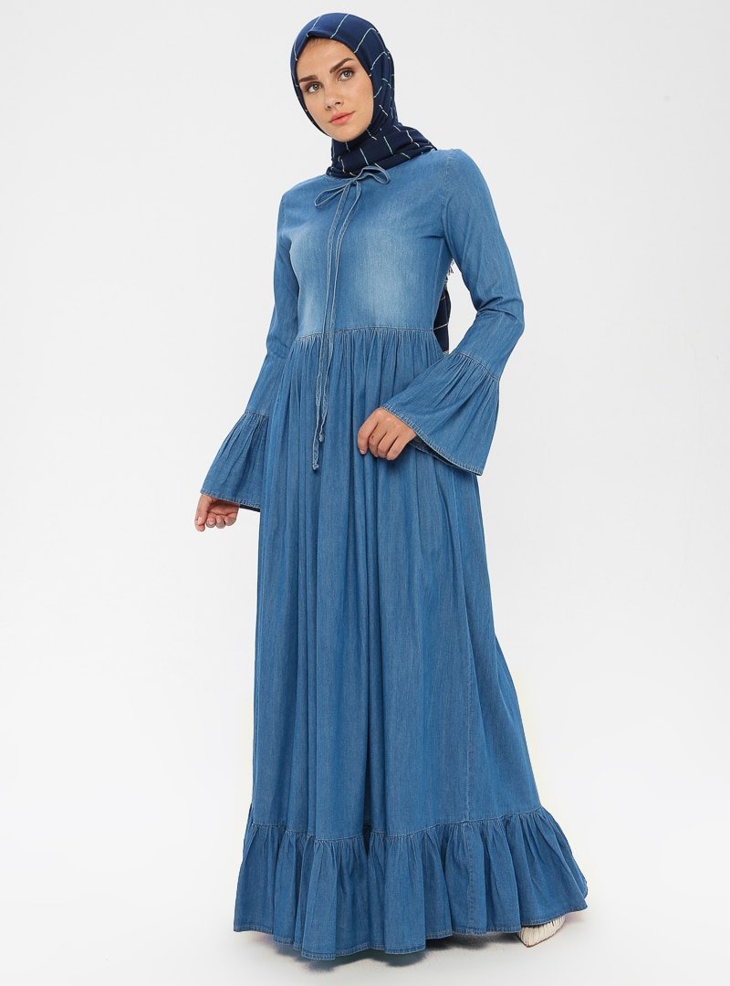BÜRÜN Mavi Volan Detaylı Kot Elbise