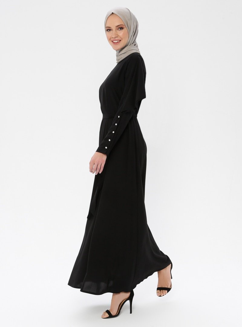 Alesya By Tuğba Siyah Düğme Detaylı Elbise