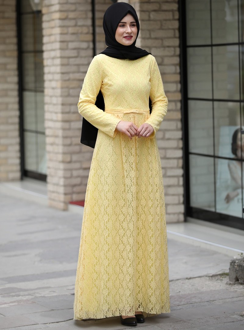 Piennar Sarı Hira Dantel Elbise
