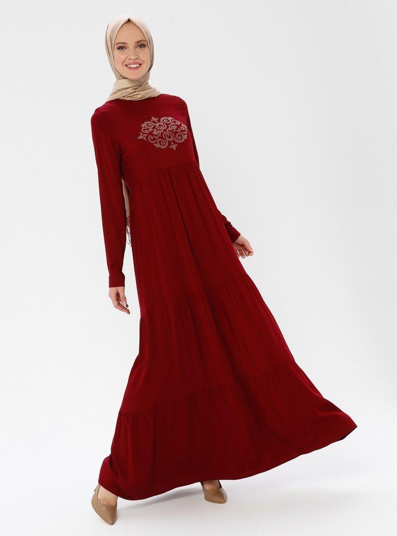Ginezza Kırmızı Taş Baskılı Elbise