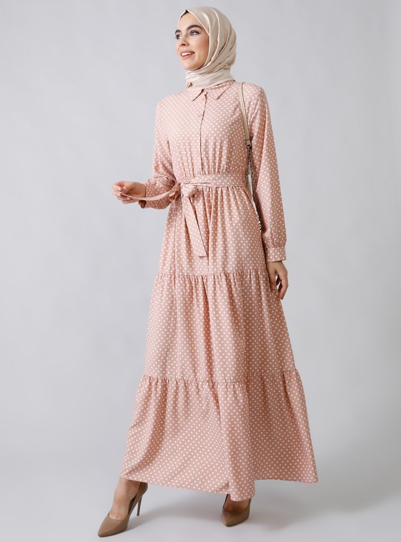 Refka Pudra Puantiyeli Doğal Kumaşlı Elbise