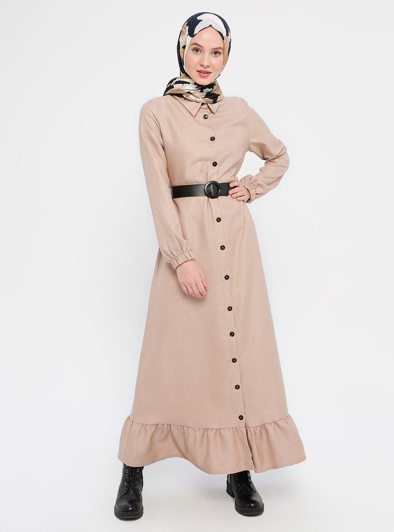 Panaline Taş Boydan Düğme Detaylı Elbise