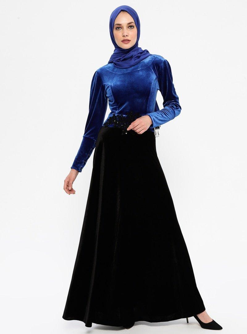 Sew&Design Saks Siyah Güpür Detaylı Kadife Abiye Elbise