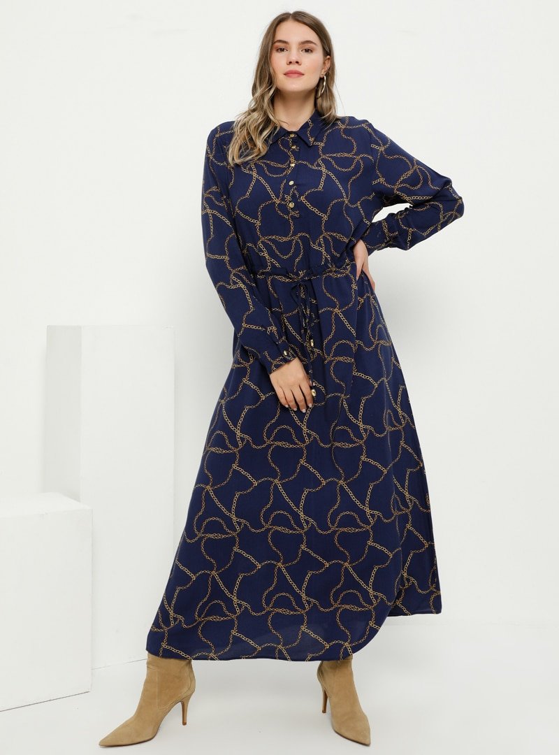 Alia Lacivert Doğal Kumaşlı Zincir Desenli Elbise
