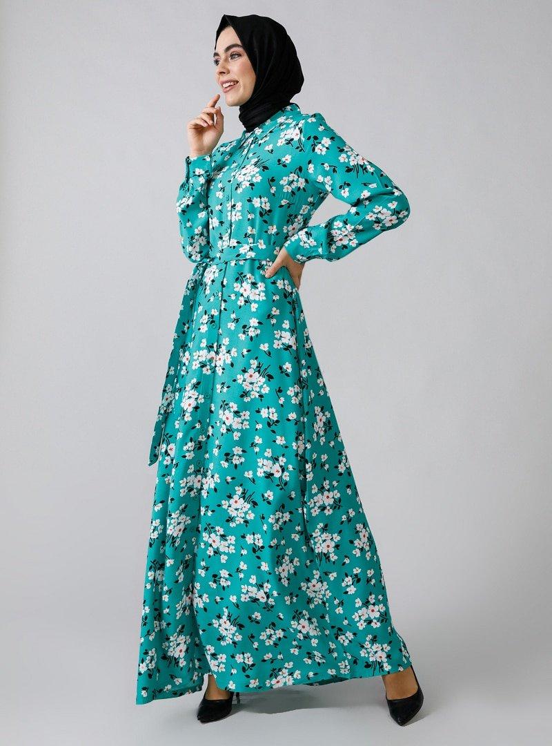 Refka Yeşil Boydan Düğmeli Çiçekli Elbise