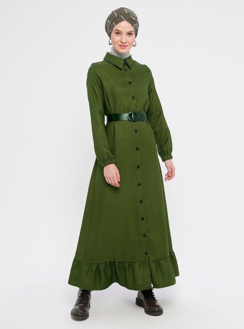 Panaline Haki Boydan Düğme Detaylı Elbise