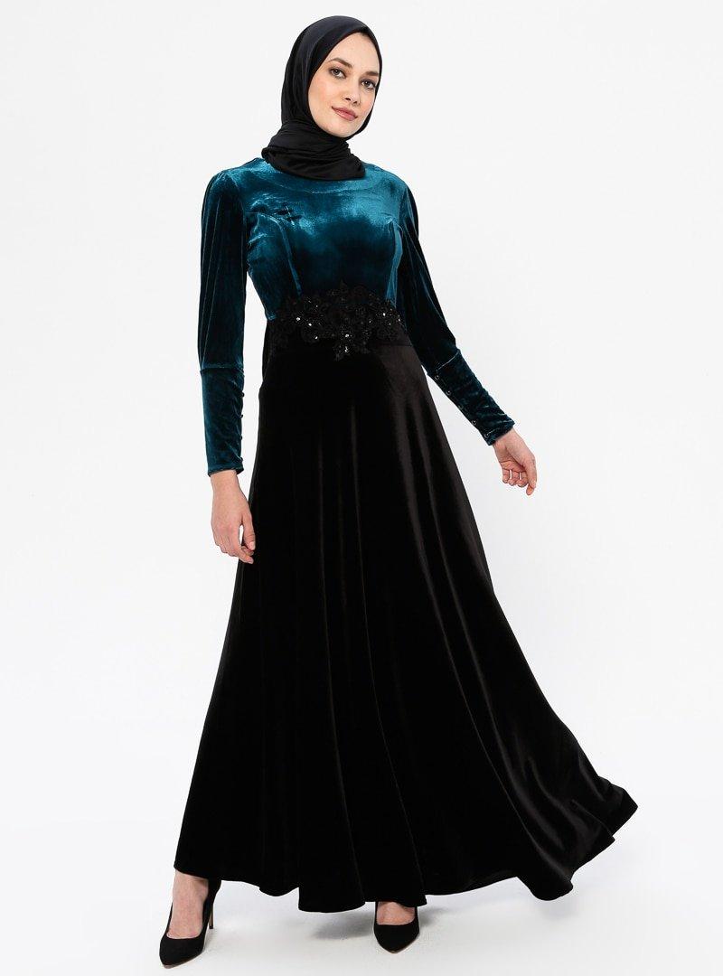 Sew&Design Yeşil Siyah Güpür Detaylı Kadife Abiye Elbise