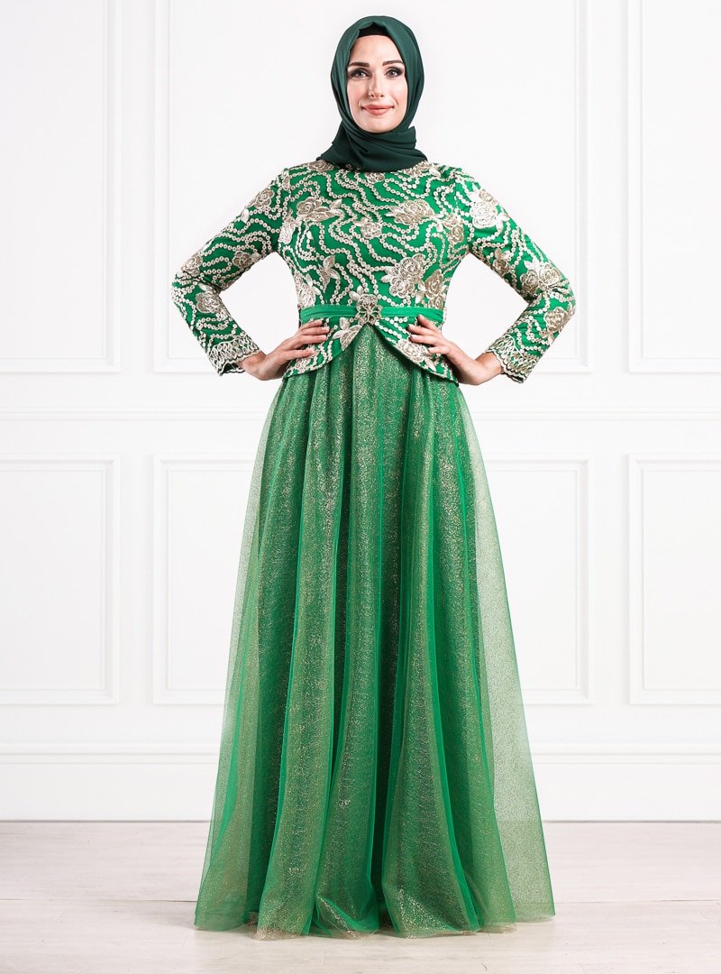 Moda Sinanlar Yeşil Şimal Abiye Elbise