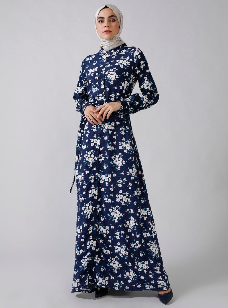 Refka Lacivert Boydan Düğmeli Çiçekli Elbise