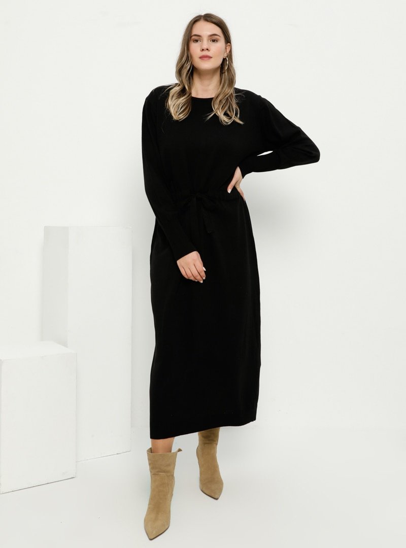 Alia Siyah Beli Bağcıklı Triko Elbise
