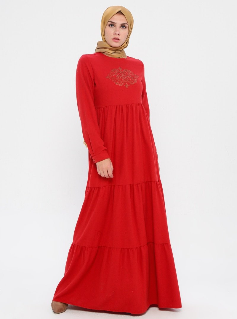 Ginezza Kırmızı Garnili Detaylı Elbise