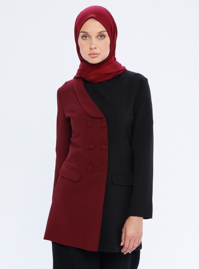Mileny Siyah Bordo Garnili Ceket