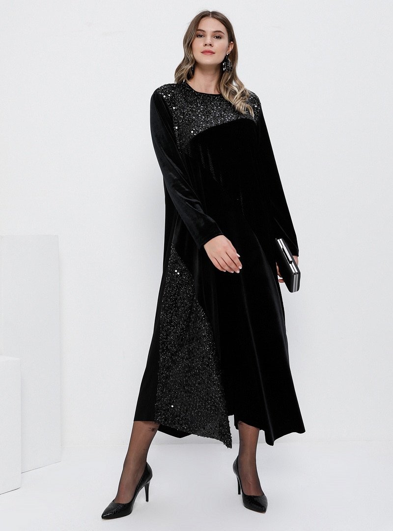 Alia Siyah Payet Detaylı Kadife Abiye Elbise