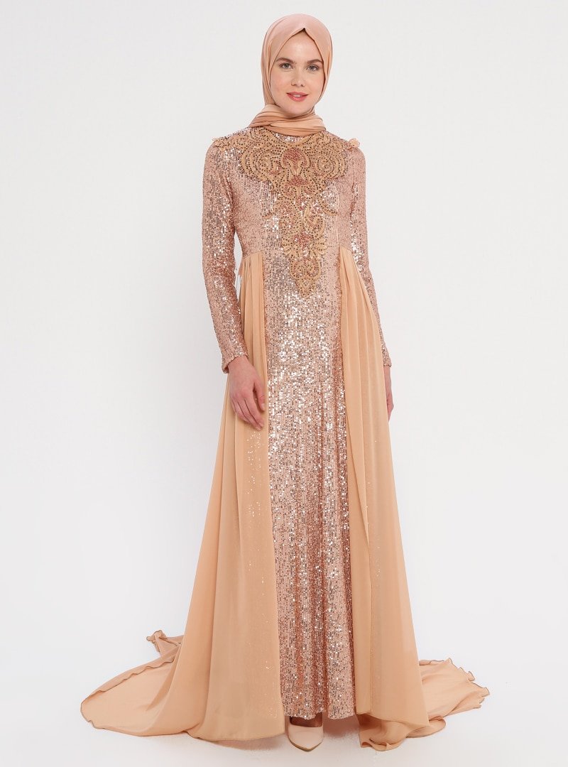 Moda Ravza Bakır Şifon Detaylı Payetli Abiye Elbise
