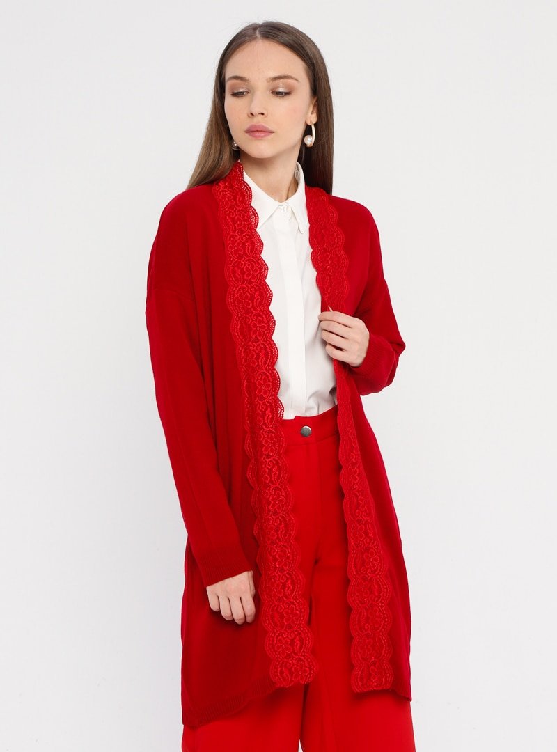 Zentoni Kırmızı Dantel Detaylı Triko Hırka