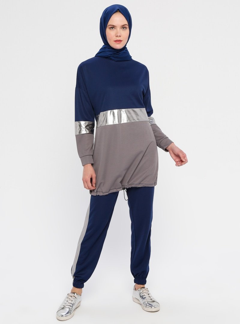 La Giza Fashion İndigo Gri Parlak Şeritli Tunik&Pantolon İkili Takım