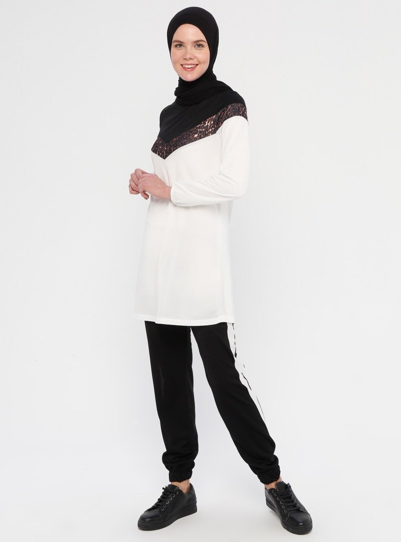 La Giza Fashion Ekru Leopar Şeritli Tunik&Pantolon İkili Takım