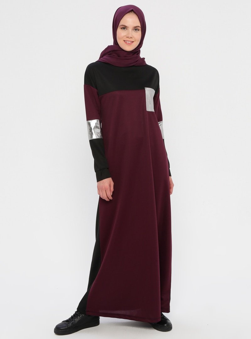 La Giza Fashion Mürdüm Cep Detaylı Blok Renkli Elbise